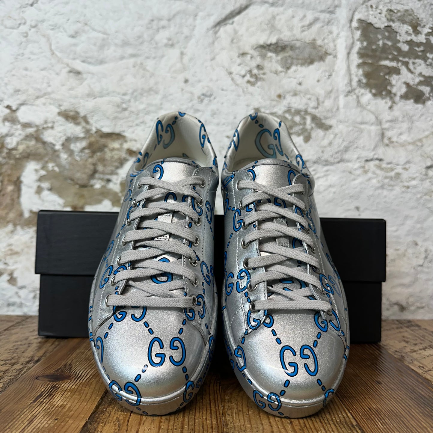 Gucci Blue GG Monogram Silver Ace Sneaker Sz 8