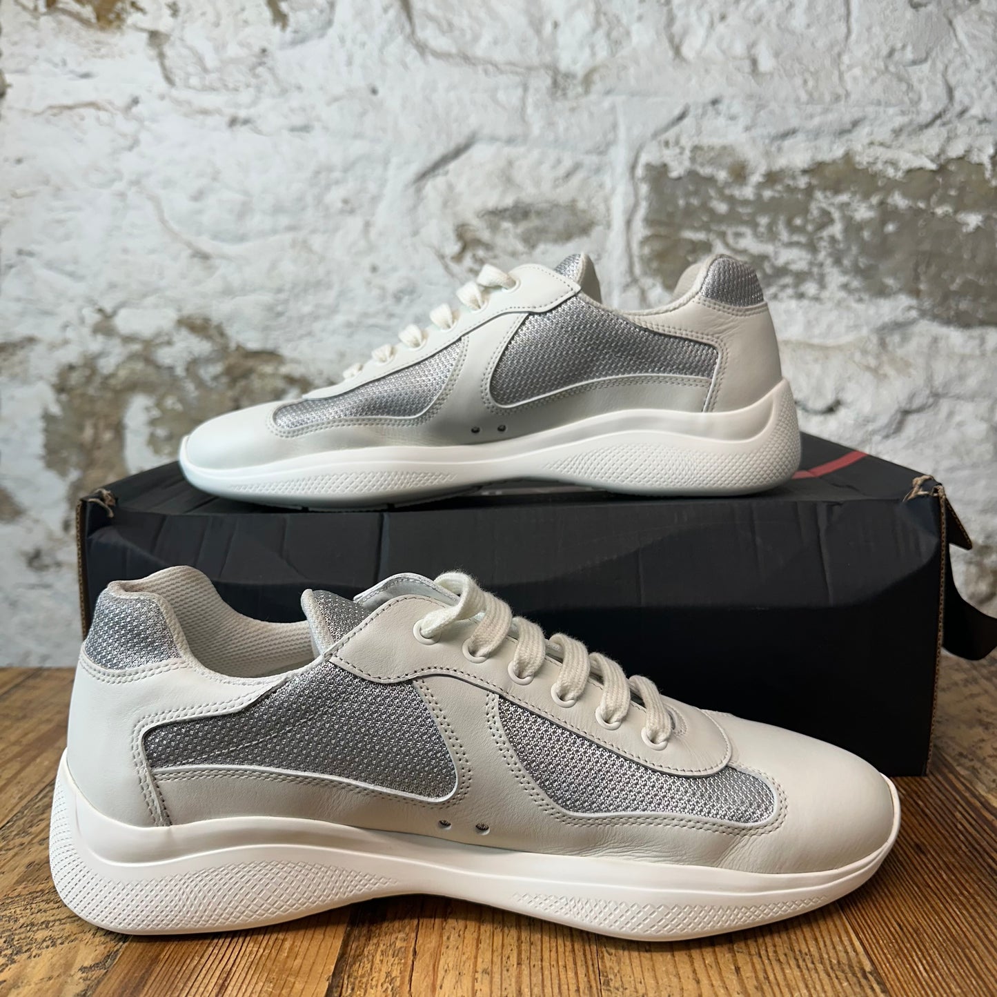 Prada Americas Cup White Leather Grey Sneaker Sz 9.5