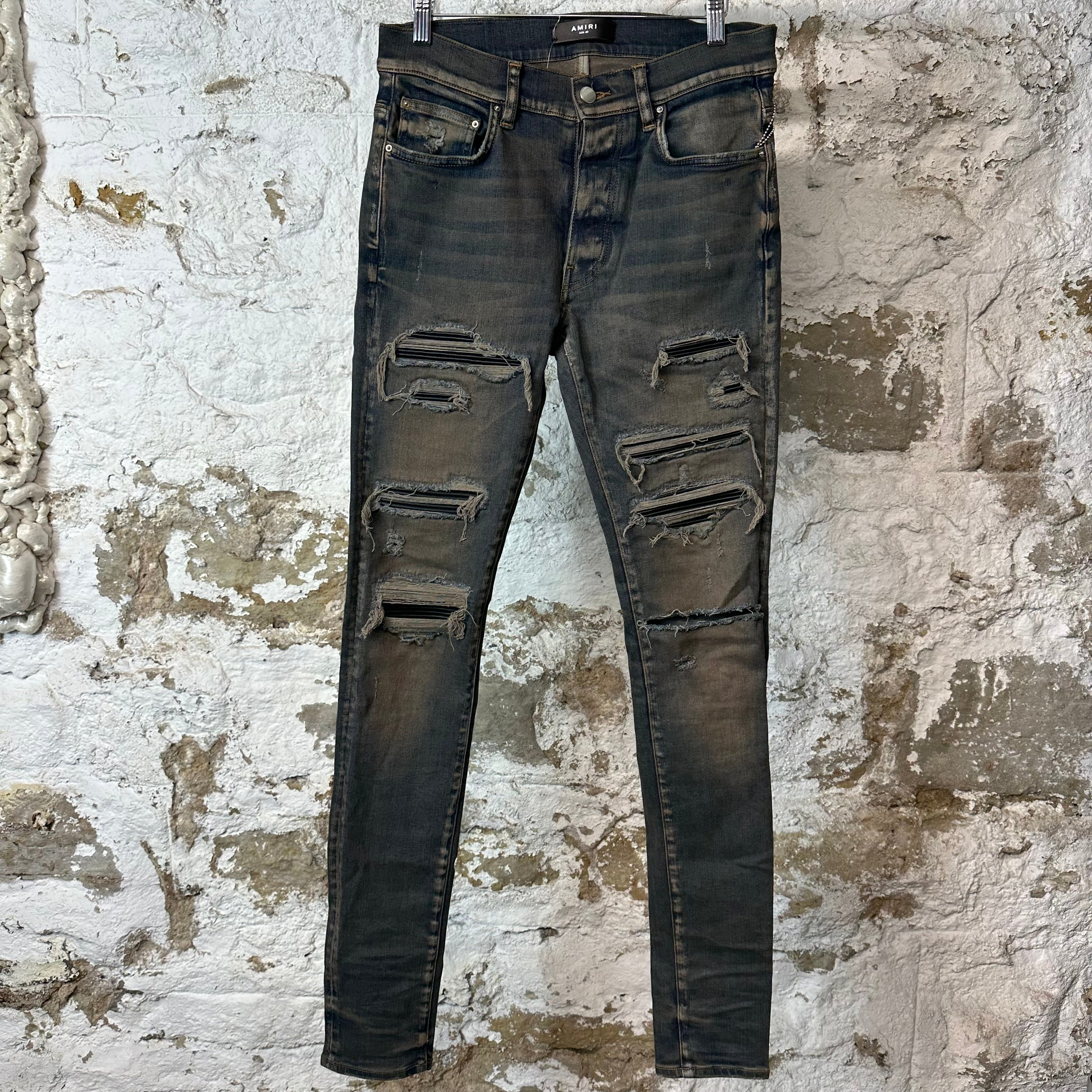 Amiri MX1 Black Leather Thrasher Dirty Blue Denim Jeans Sz 30
