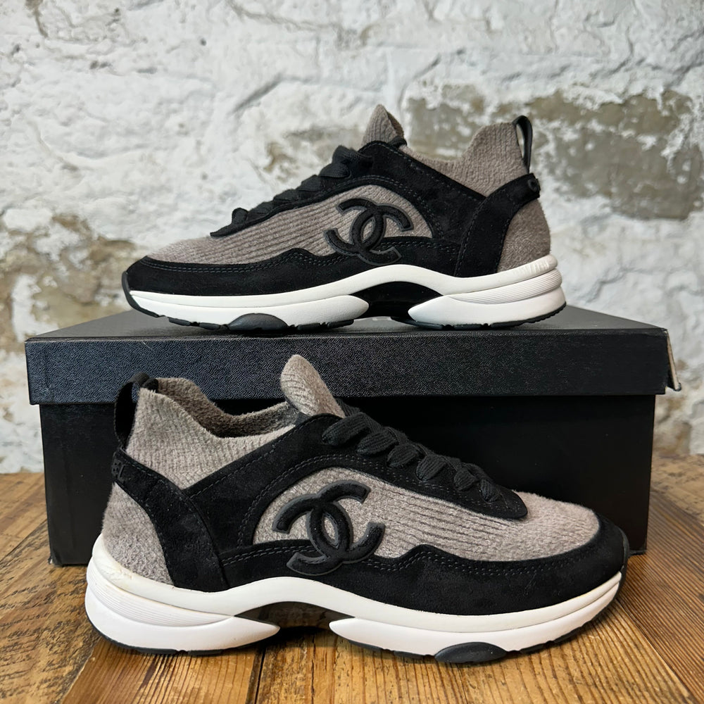 Chanel CC Black Grey White Trainer Sneaker Sz 4.5 (36.5)