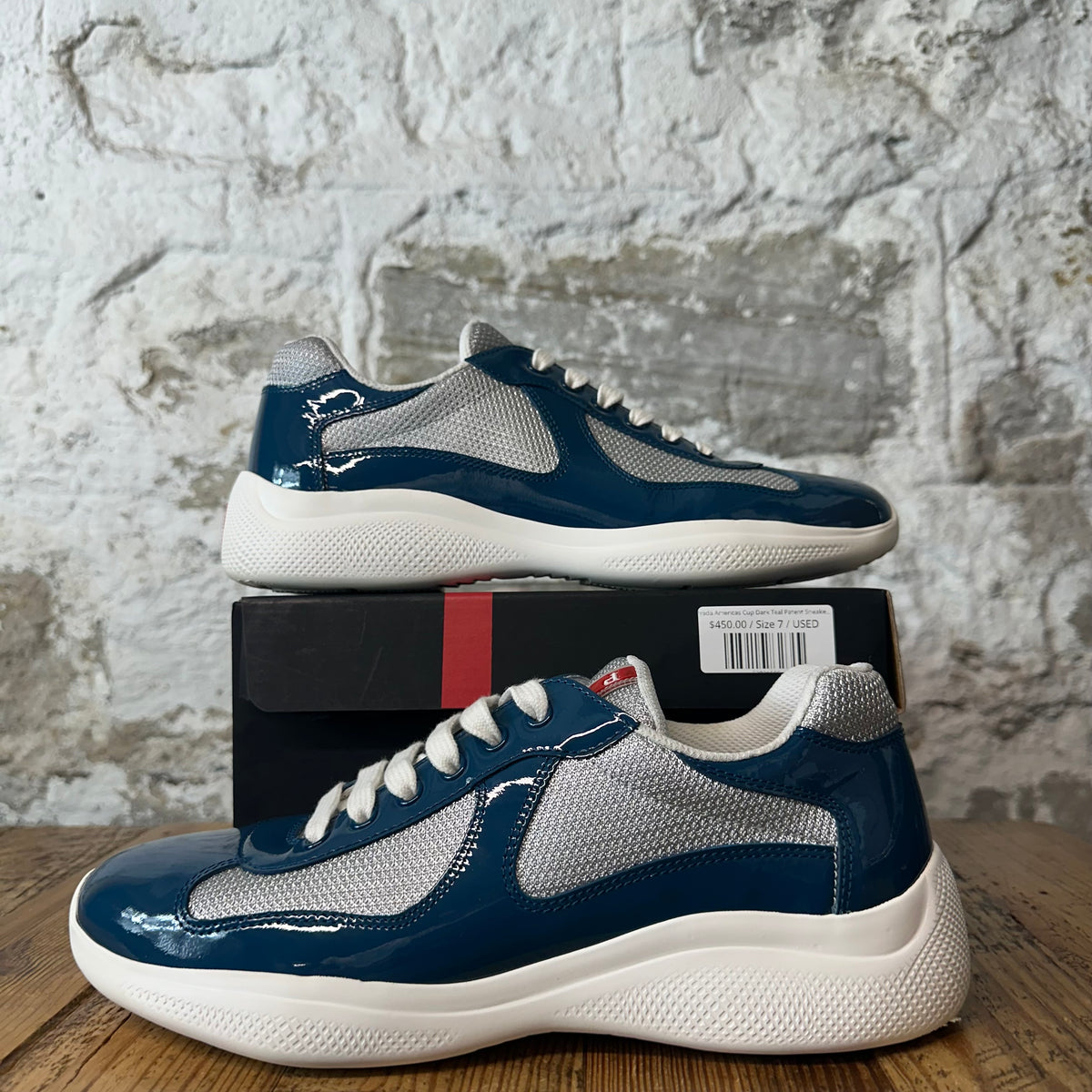 Prada Americas Cup Dark Teal Patent Sneaker Sz 7