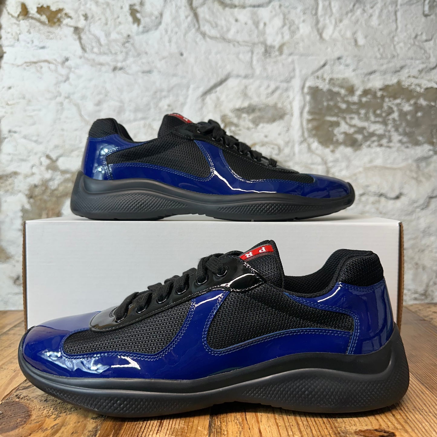 Prada Americas Cup Royal Blue Patent Black Sneaker Sz 8