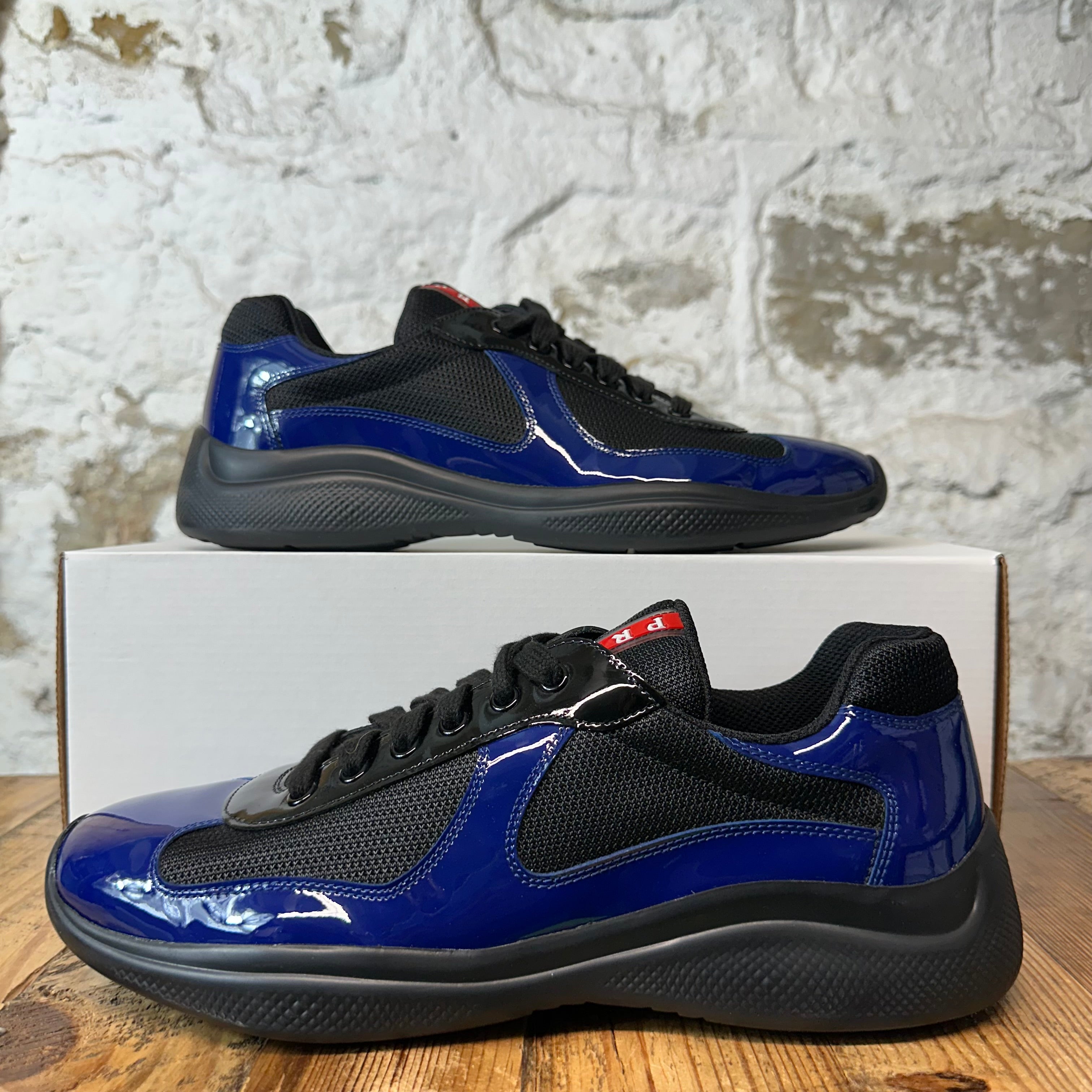 Prada Americas Cup Royal Blue Patent Black Sneaker Sz 8