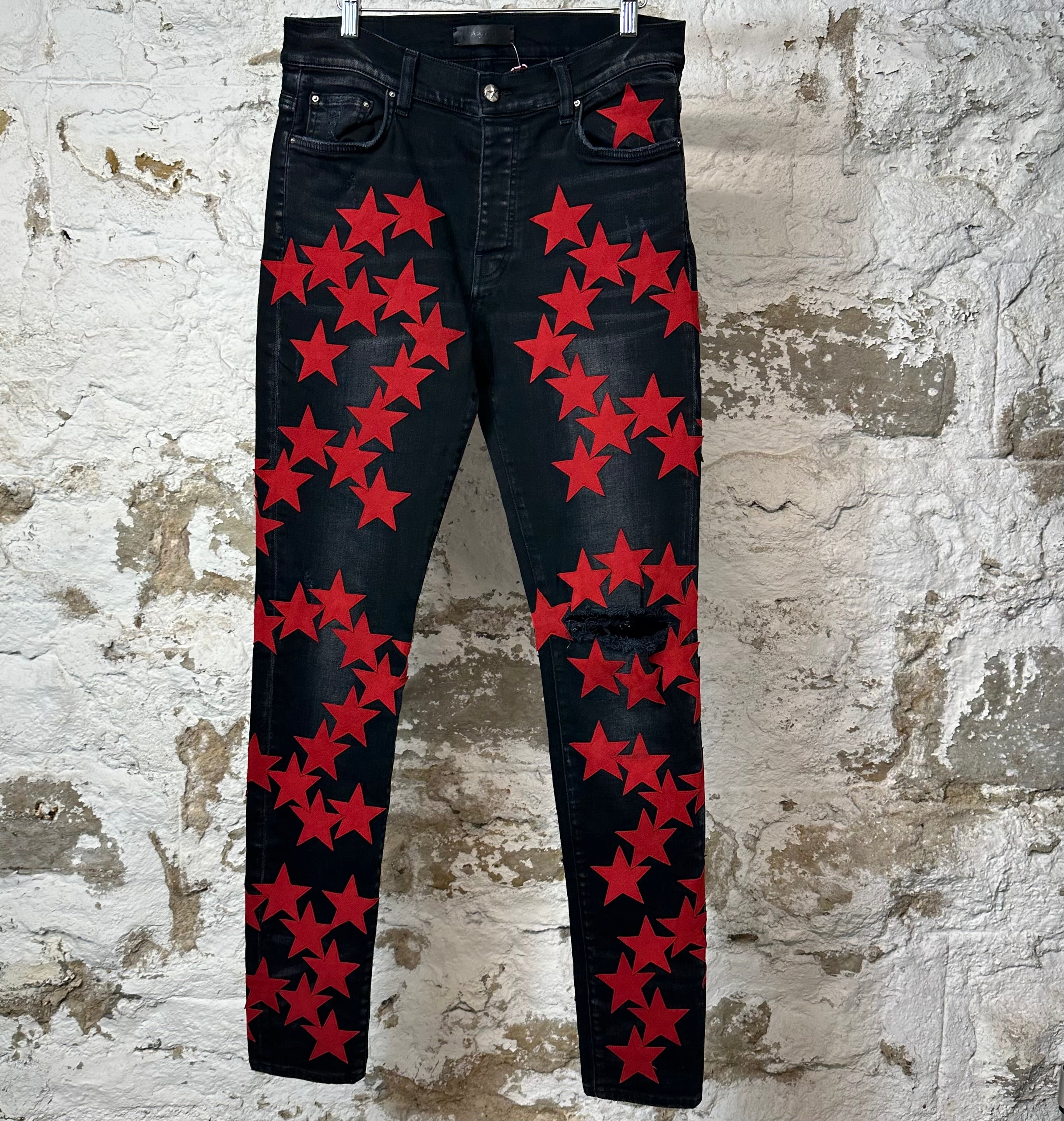 Amiri Red Suede Star Chemist Black Denim Jeans Sz 32