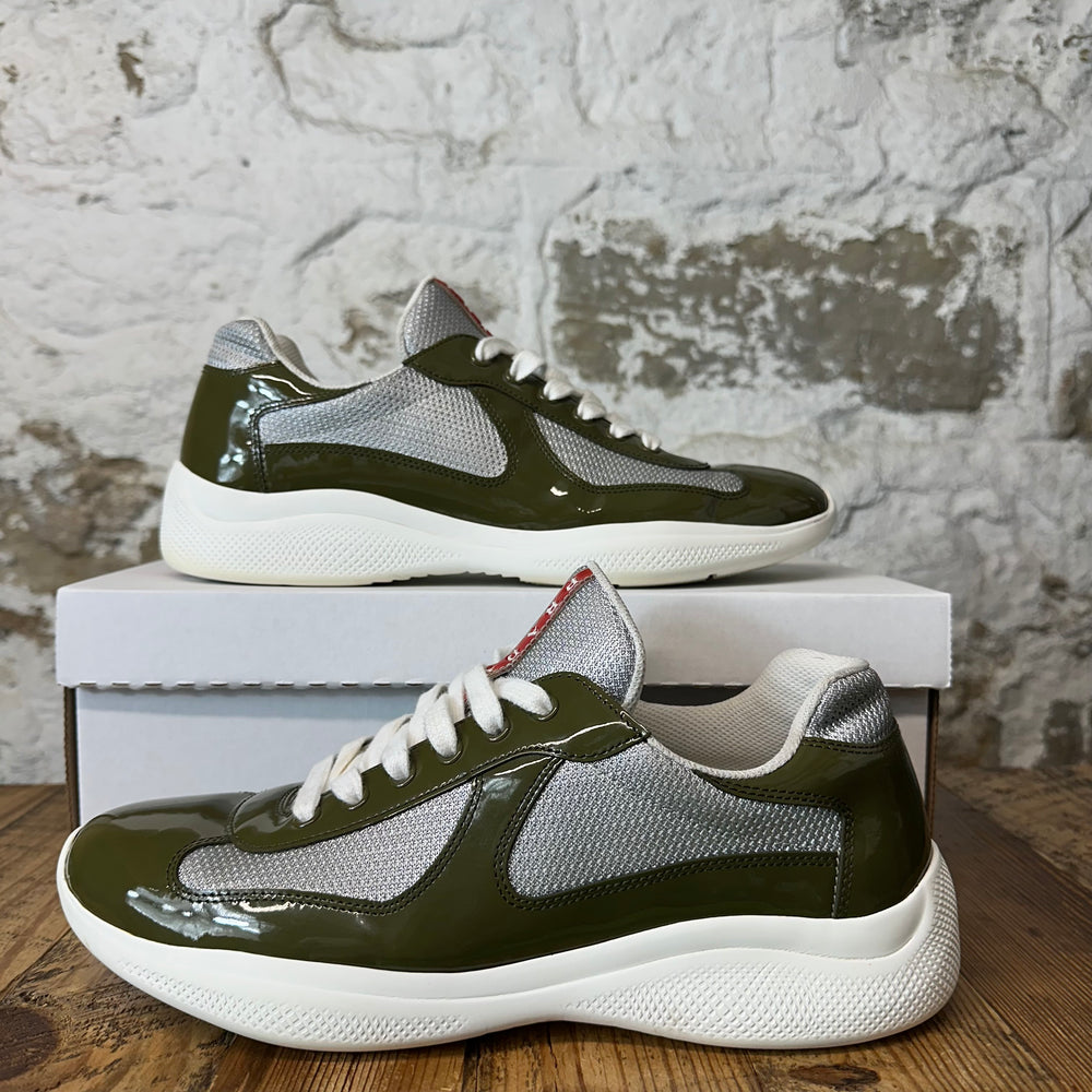 Prada Americas Cup Olive Patent Grey White Sneaker Sz 9