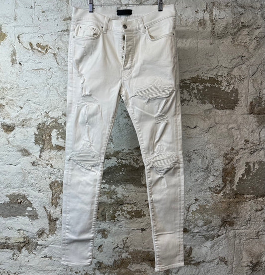 Amiri MX1 White Leather White Denim Jeans Sz 34