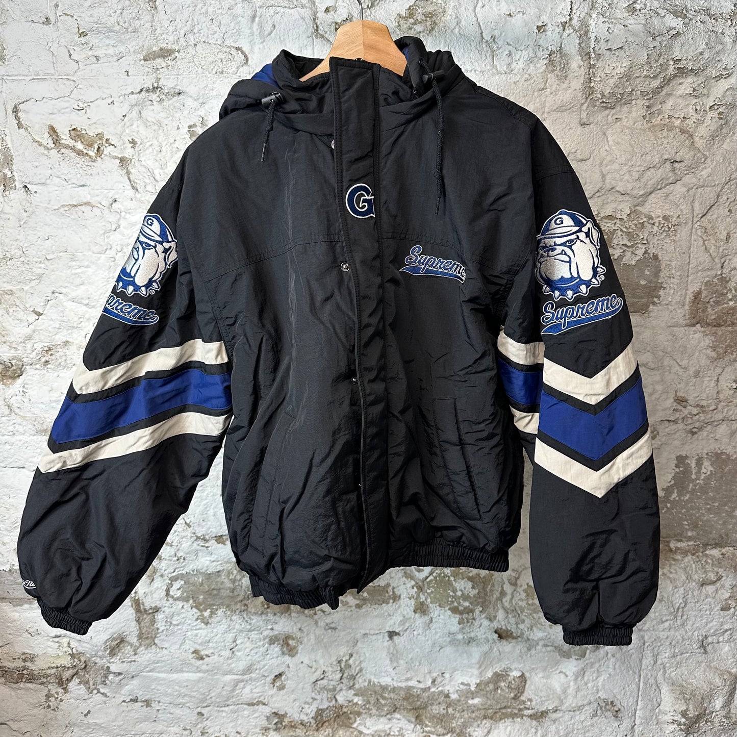 Supreme M&N NCAA Hooded Stadium Jacket Black Sz M