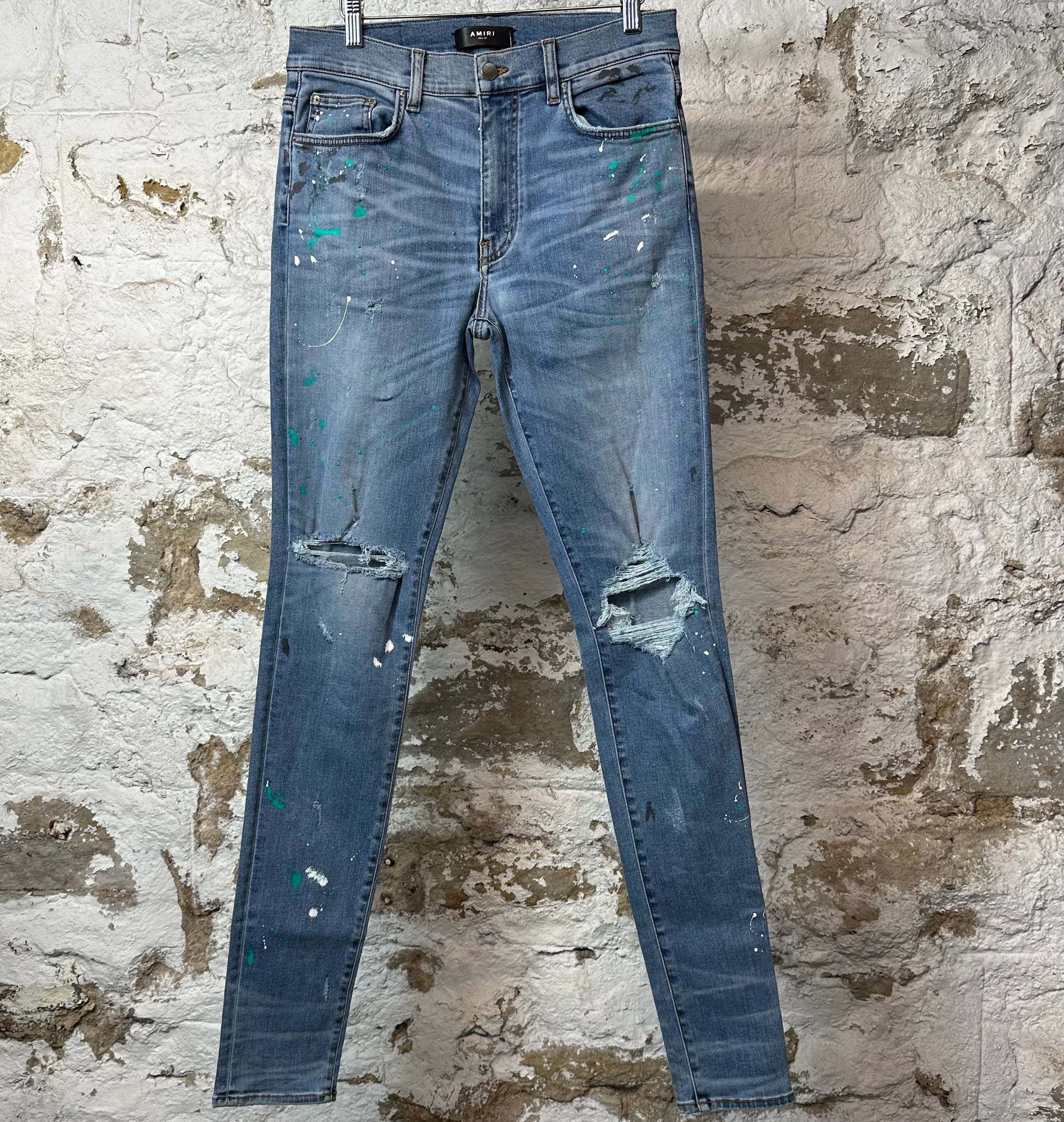 Amiri Knee Hole Paint Splatter Blue Denim Jeans Sz 32