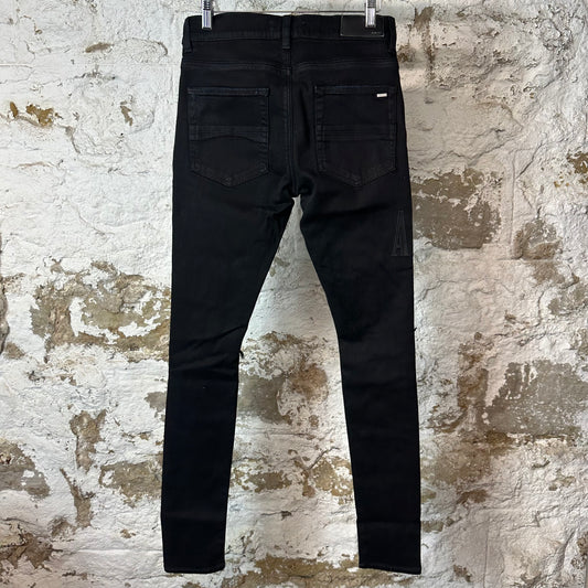 Amiri Black Leather Core Logo Black Waxed Denim Jeans Sz 29