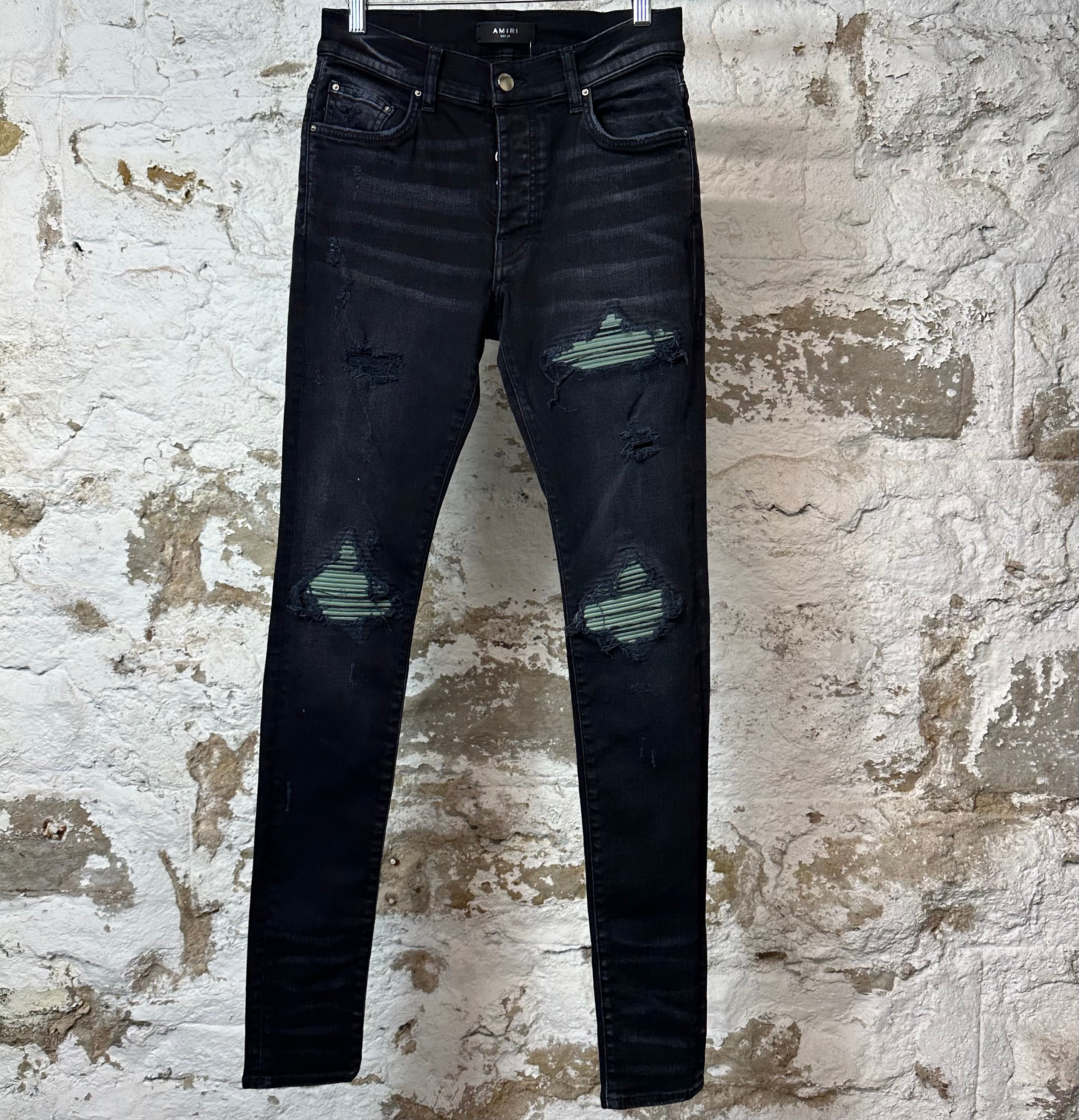 Amiri MX1 Green Suede Black Denim Jeans Sz 29