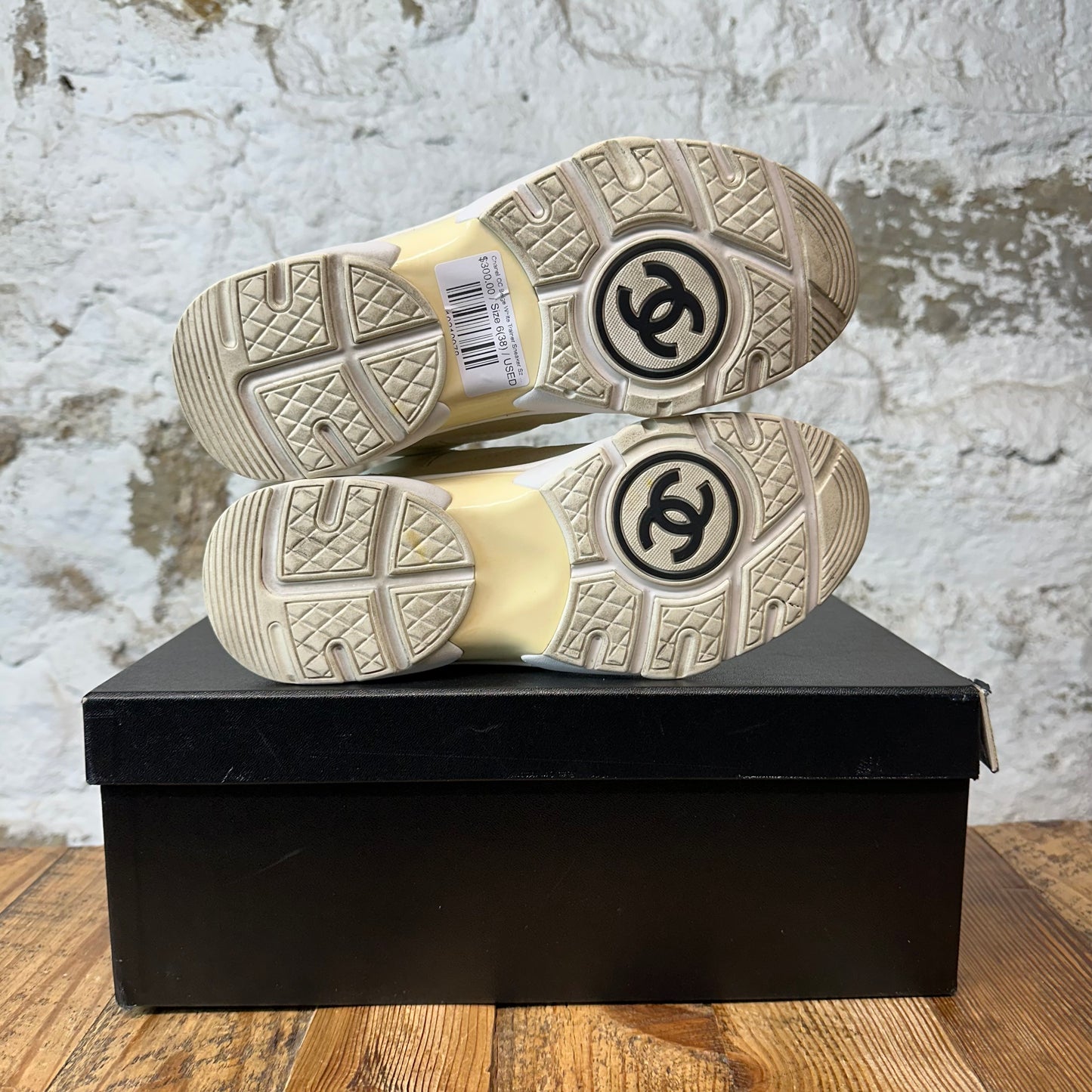 Chanel CC Beige White Trainer Sneaker Sz 6 (38)