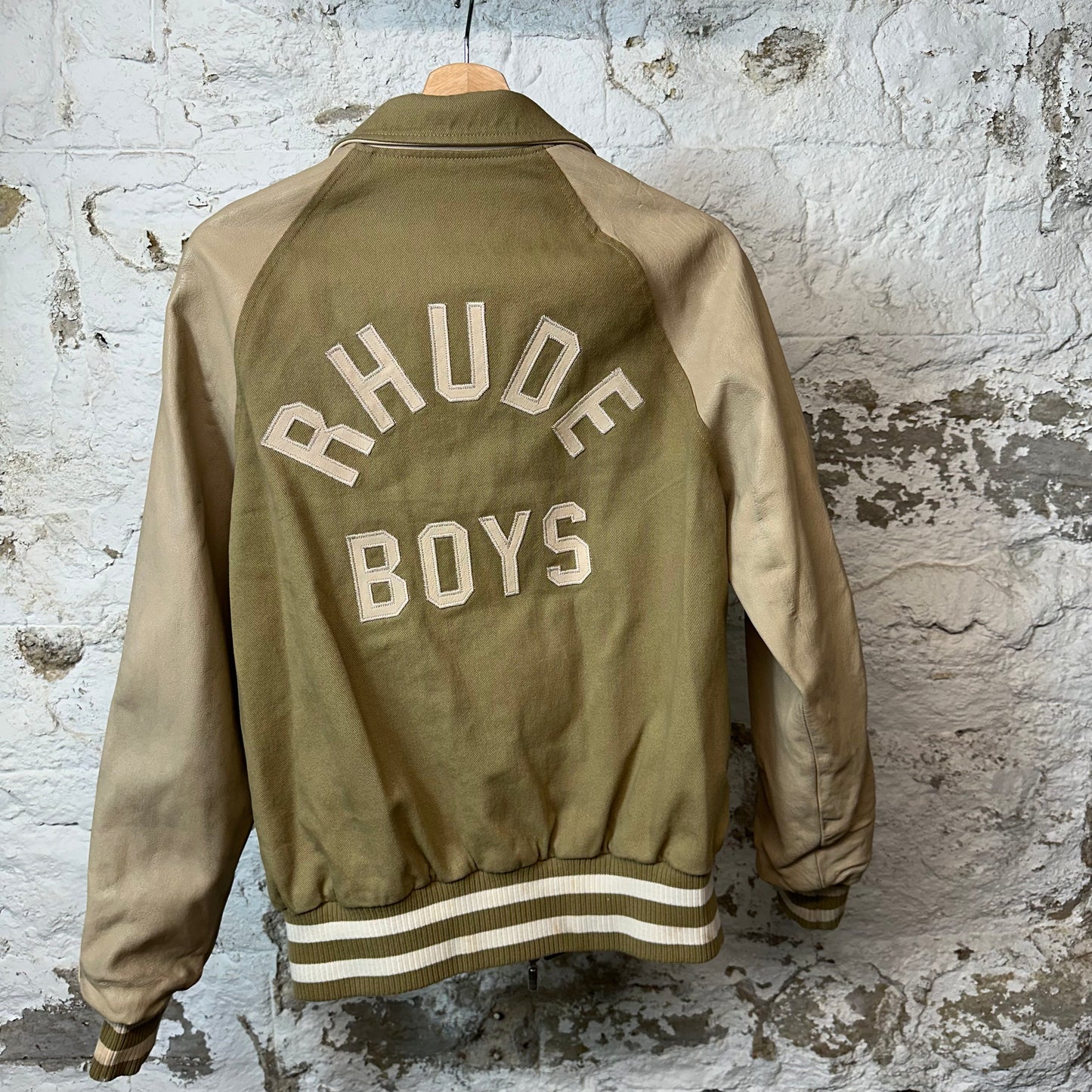 Rhude Boys Olive Tan Leather Canvas Jacket Sz S