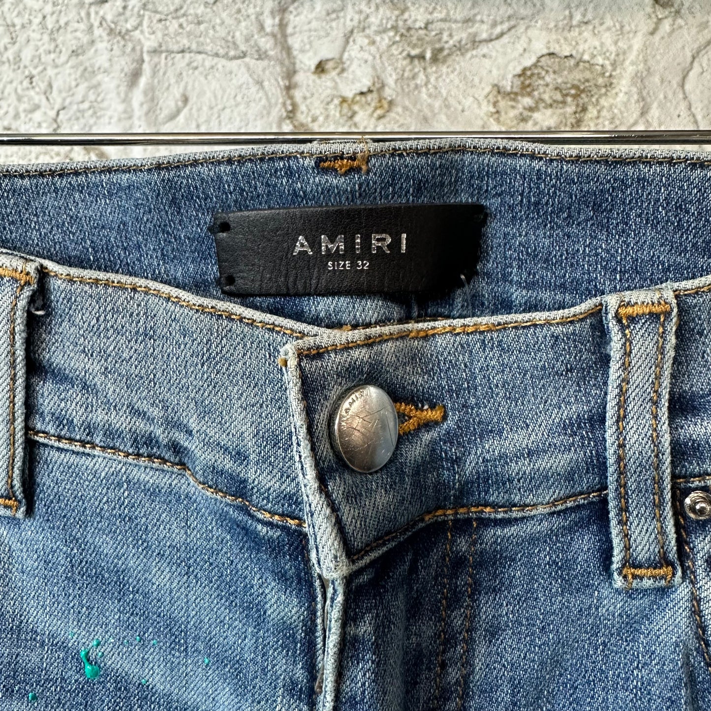 Amiri Knee Hole Paint Splatter Blue Denim Jeans Sz 32