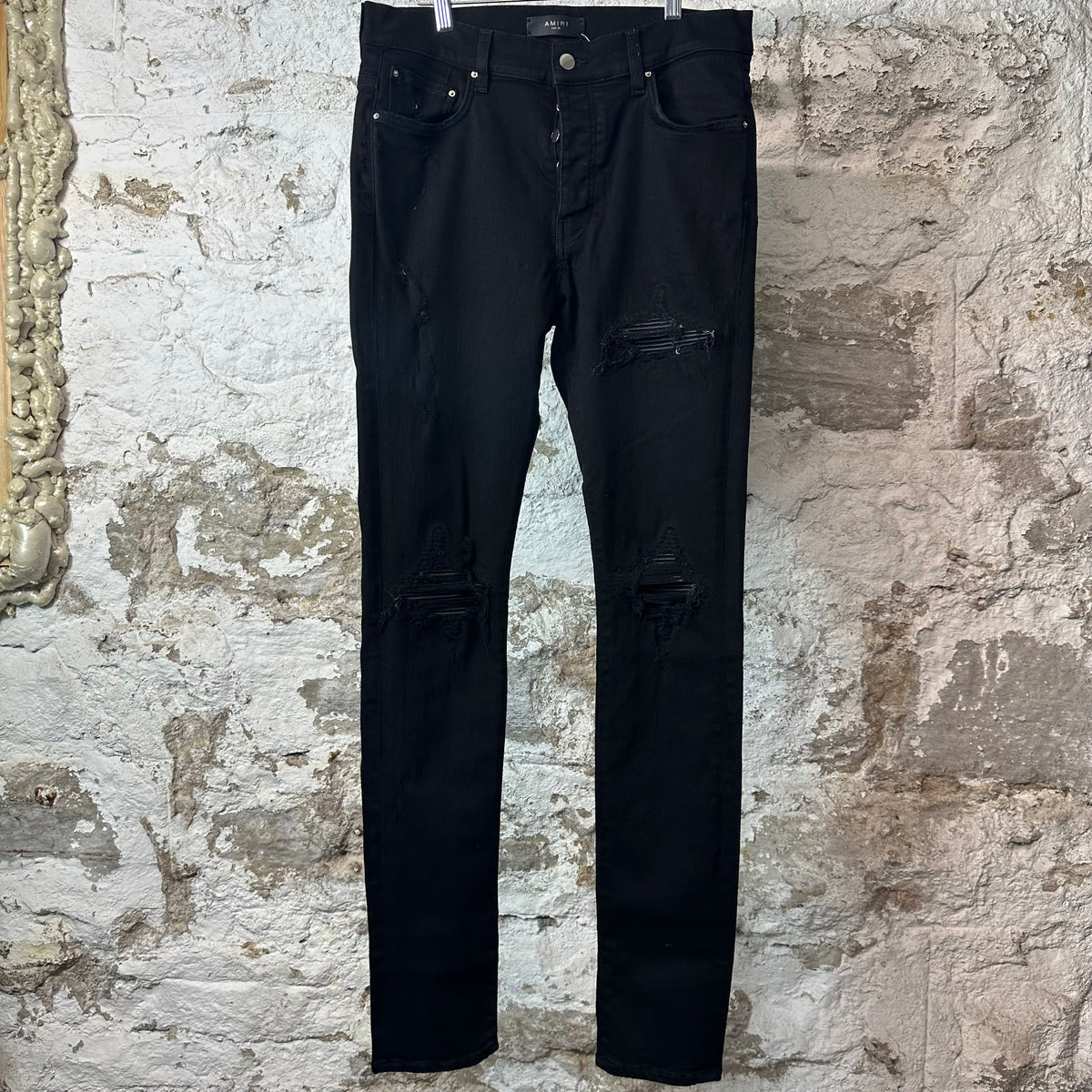 Amiri MX1 Black Leather Black Denim Jeans Sz 33