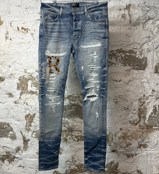 Amiri Mulitcolor Leather Stagger Logo Blue Denim Jeans Sz 34
