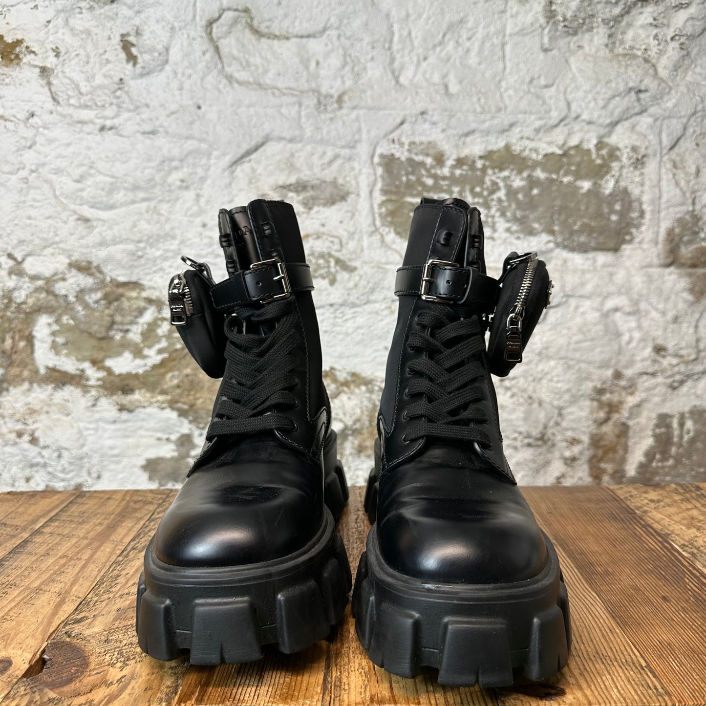 Prada Monolith Renylon Black Leather Boot Sz 9.5