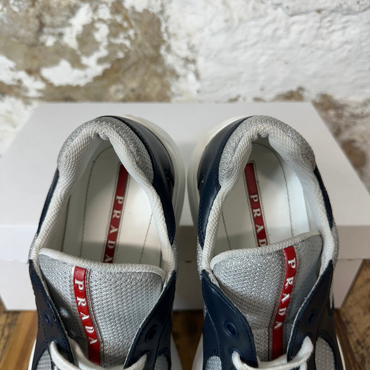 Prada Americas Cup Navy Leather Grey White Sneaker Sz 6.5 No Box
