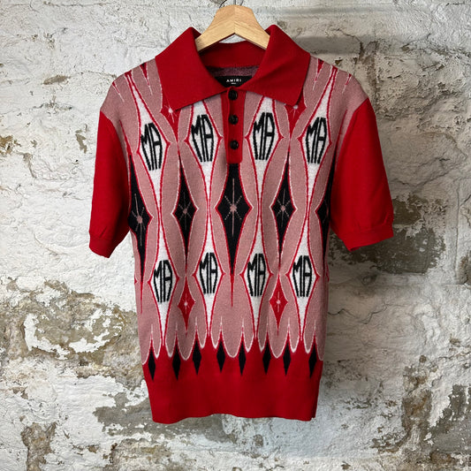 Amiri Argyle Jacquard Knit Polo Shirt Red Sz S