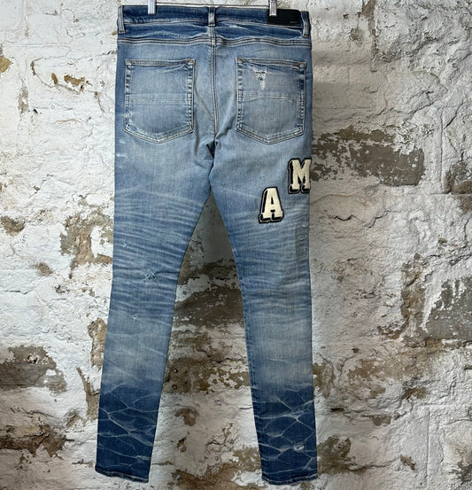Amiri Varsity Distressed Blue Denim Jeans Sz 36