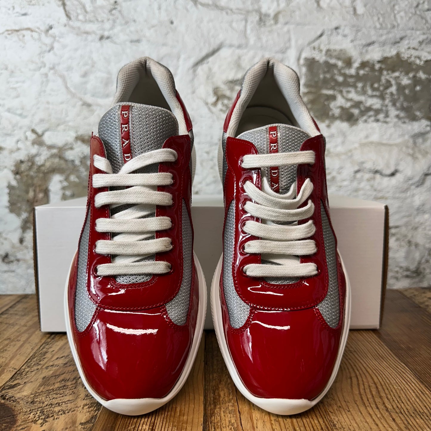 Prada Americas Cup Red Patent Grey White Sneaker Sz 9