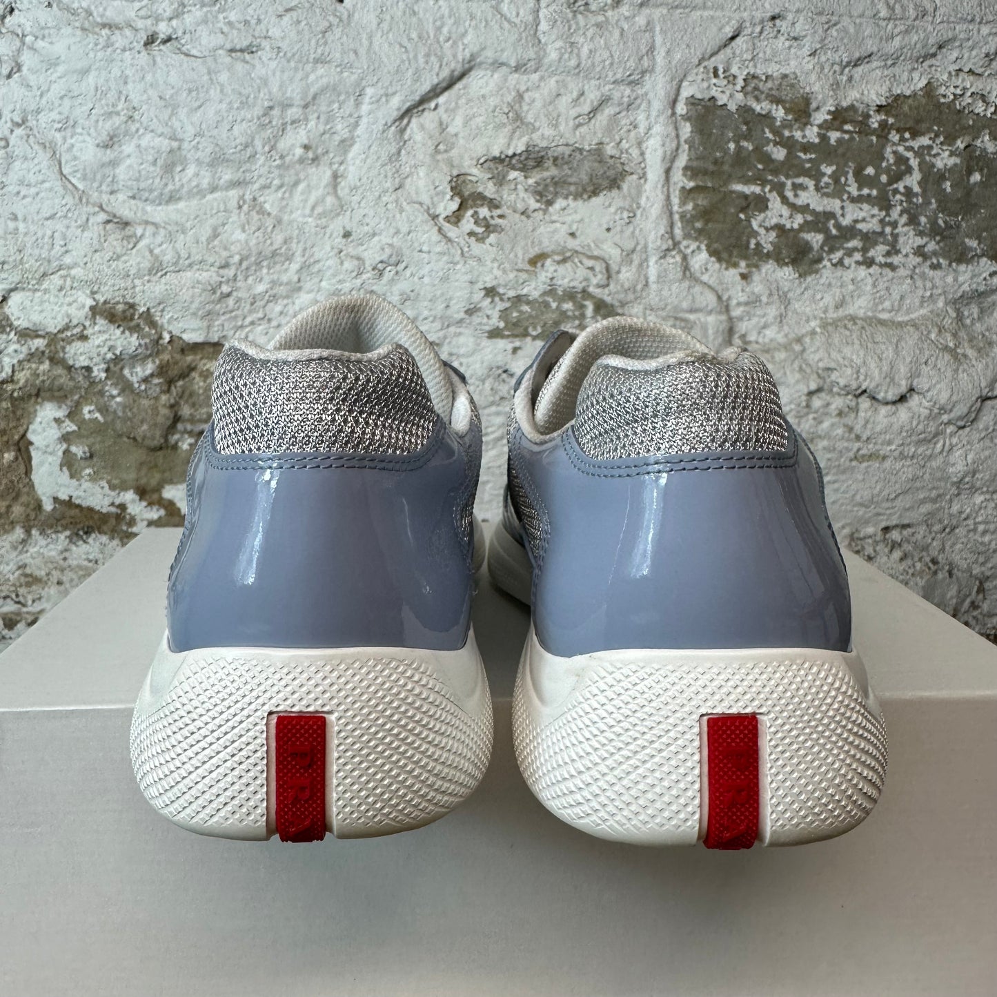 Prada Americas Cup Celeste Patent Grey White Sneaker Sz 9