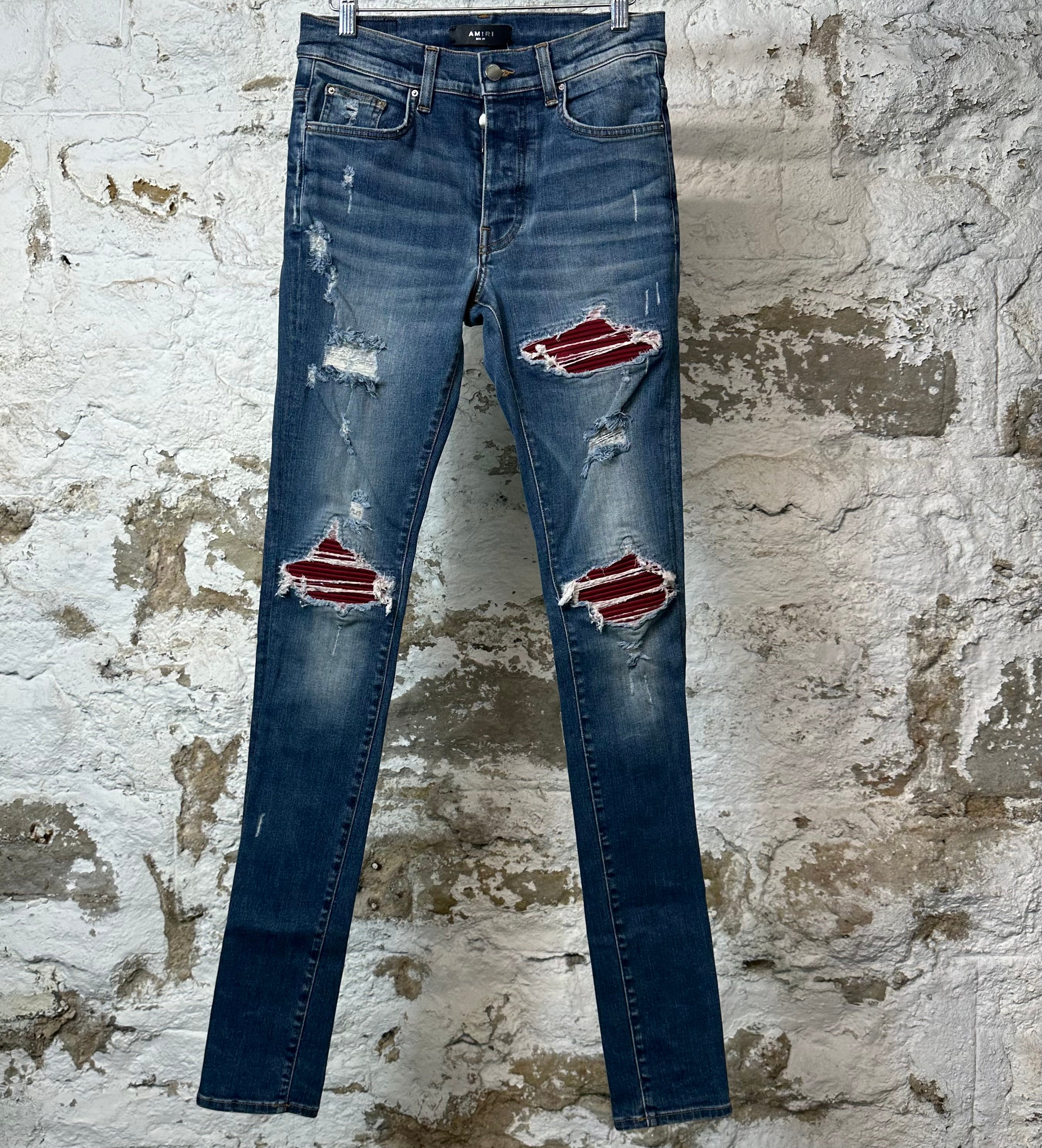 Amiri MX1 Bordeaux Suede Dark Blue Denim Jeans Sz 29