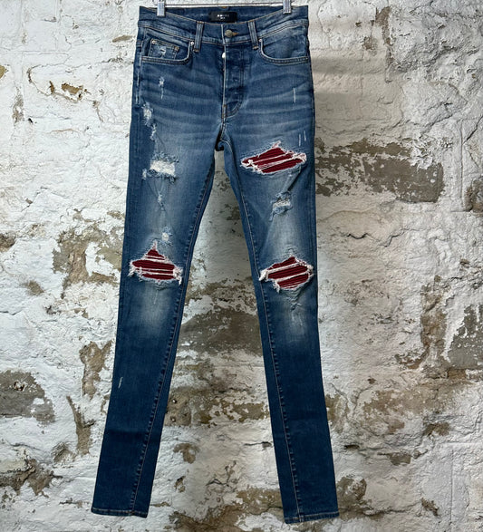 Amiri MX1 Bordeaux Suede Dark Blue Denim Jeans Sz 29