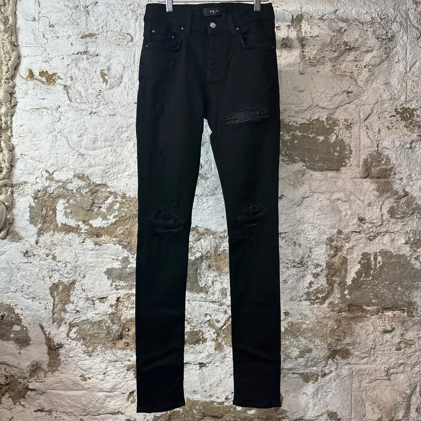 Amiri MX1 Black Leather Black Denim Jeans Sz 29