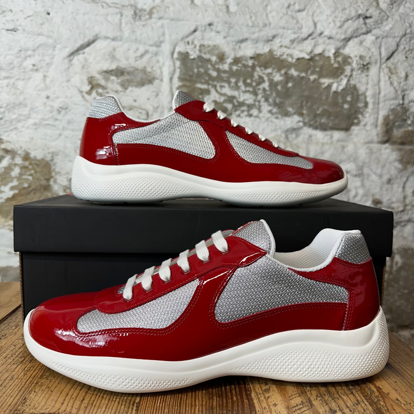 Prada Americas Cup Red Patent Grey White Sneaker Sz 11 DS