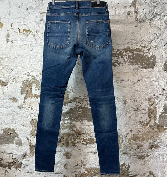 Amiri MX1 Black Leather Dark Blue Denim Jeans Sz 31