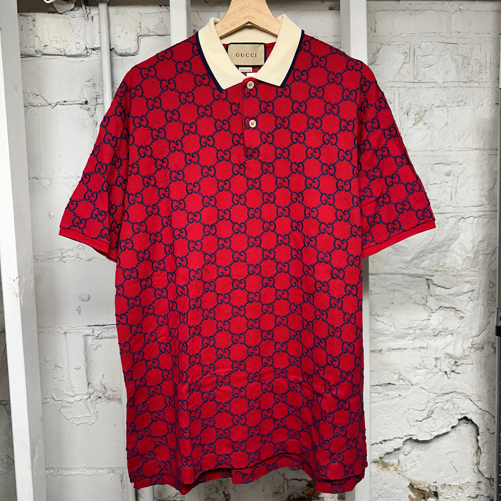 Gucci Blue GG Monogram Red Polo Shirt Sz XXXL (Fits XL)