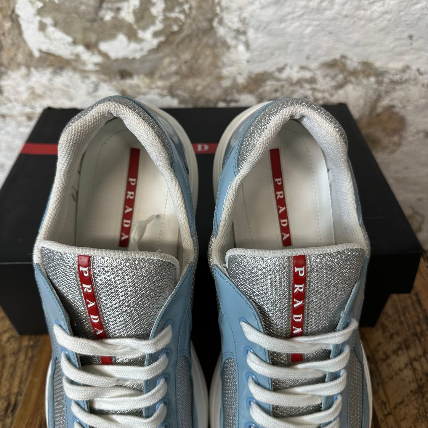 Prada Americas Cup Baby Blue Patent Grey White Sneaker Sz 14