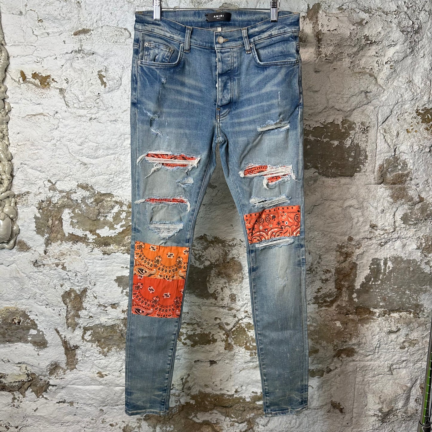 Amiri MX1 Orange Art Patch Blue Denim Jeans Sz 31