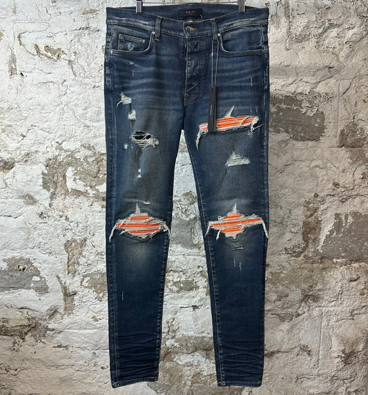 Amiri MX1 Orange Suede Dark Blue Denim Jeans Sz 34