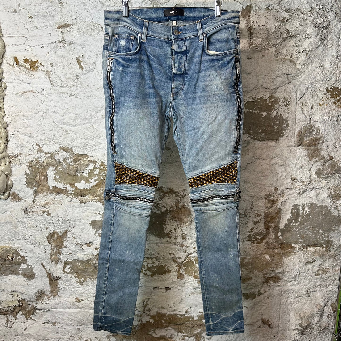 Amiri MX2 Brown Yellow Patch Blue Denim Jeans Sz 34