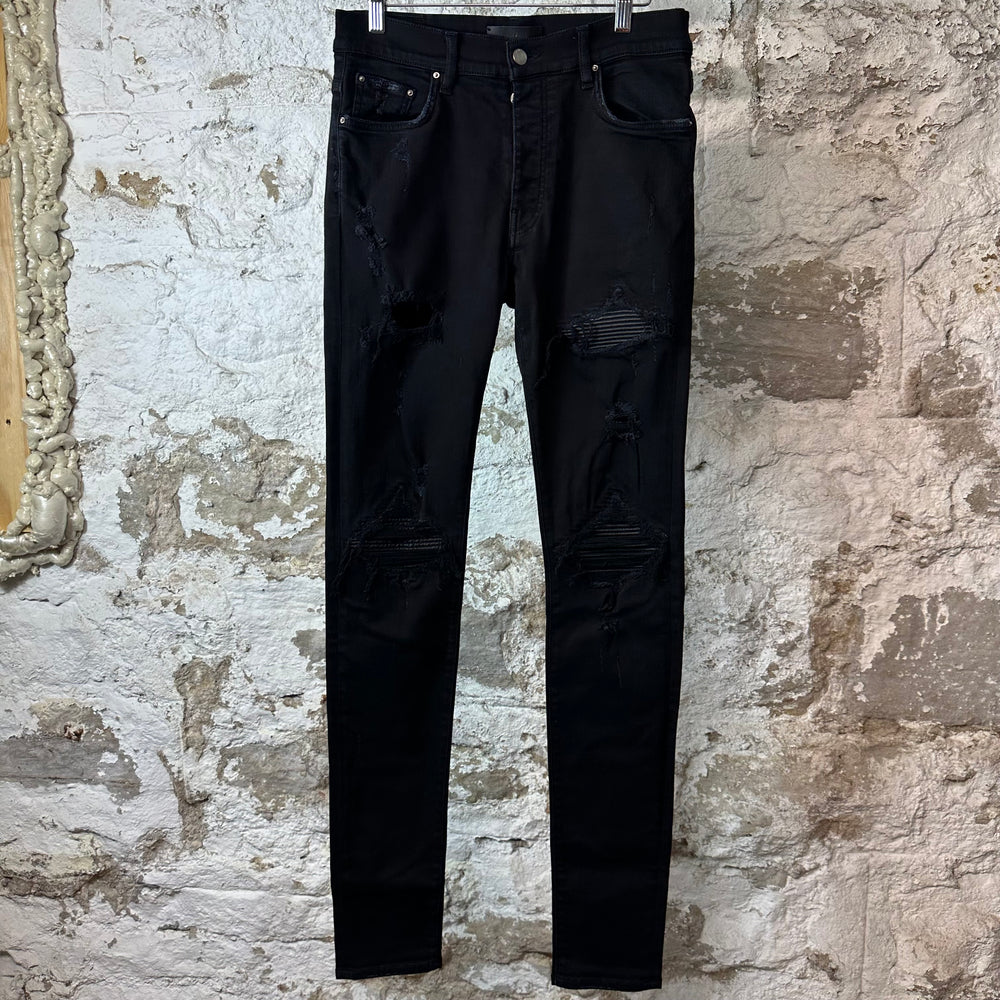 Amiri MX1 Black Leather Black Denim Jeans Sz 30