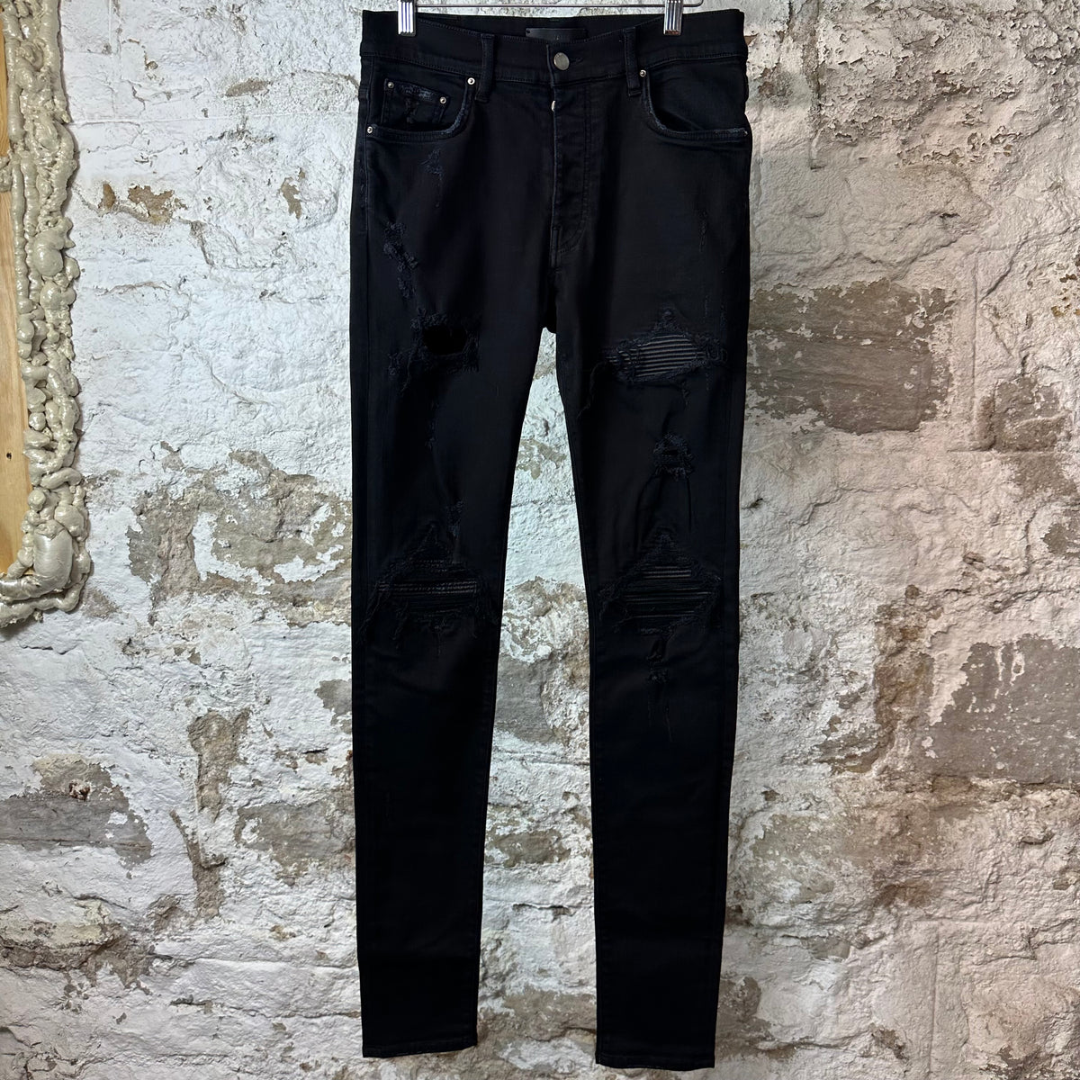 Amiri MX1 Black Leather Black Denim Jeans Sz 30