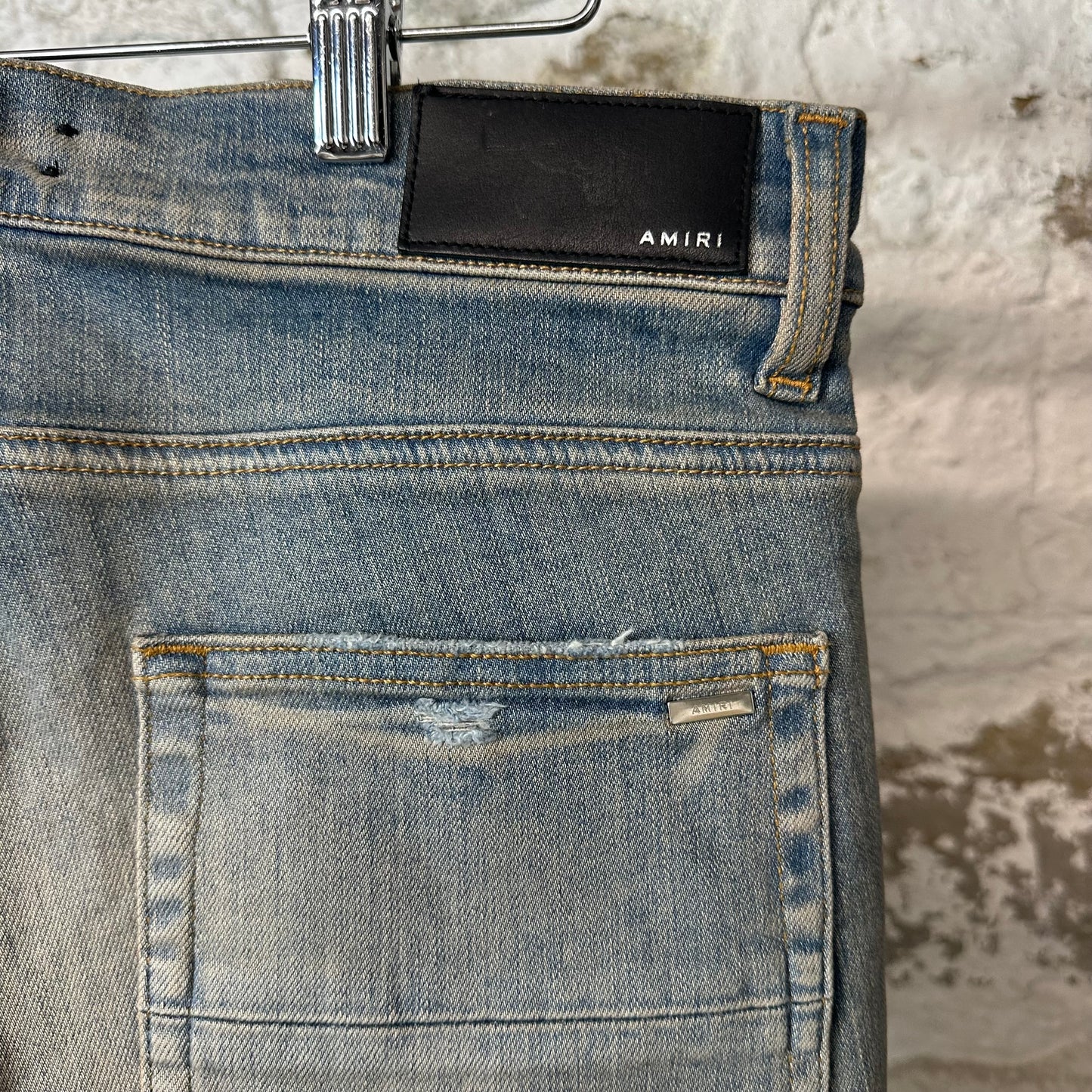 Amiri MX1 Camo Spell Patch Blue Denim Jeans Sz 32