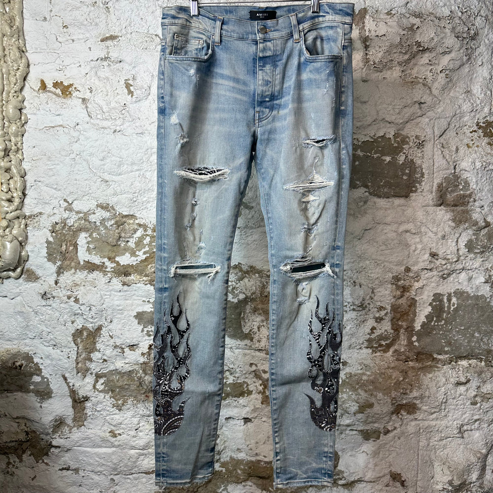 Amiri Black Brown Paisley Flame Blue Denim Jeans Sz 34