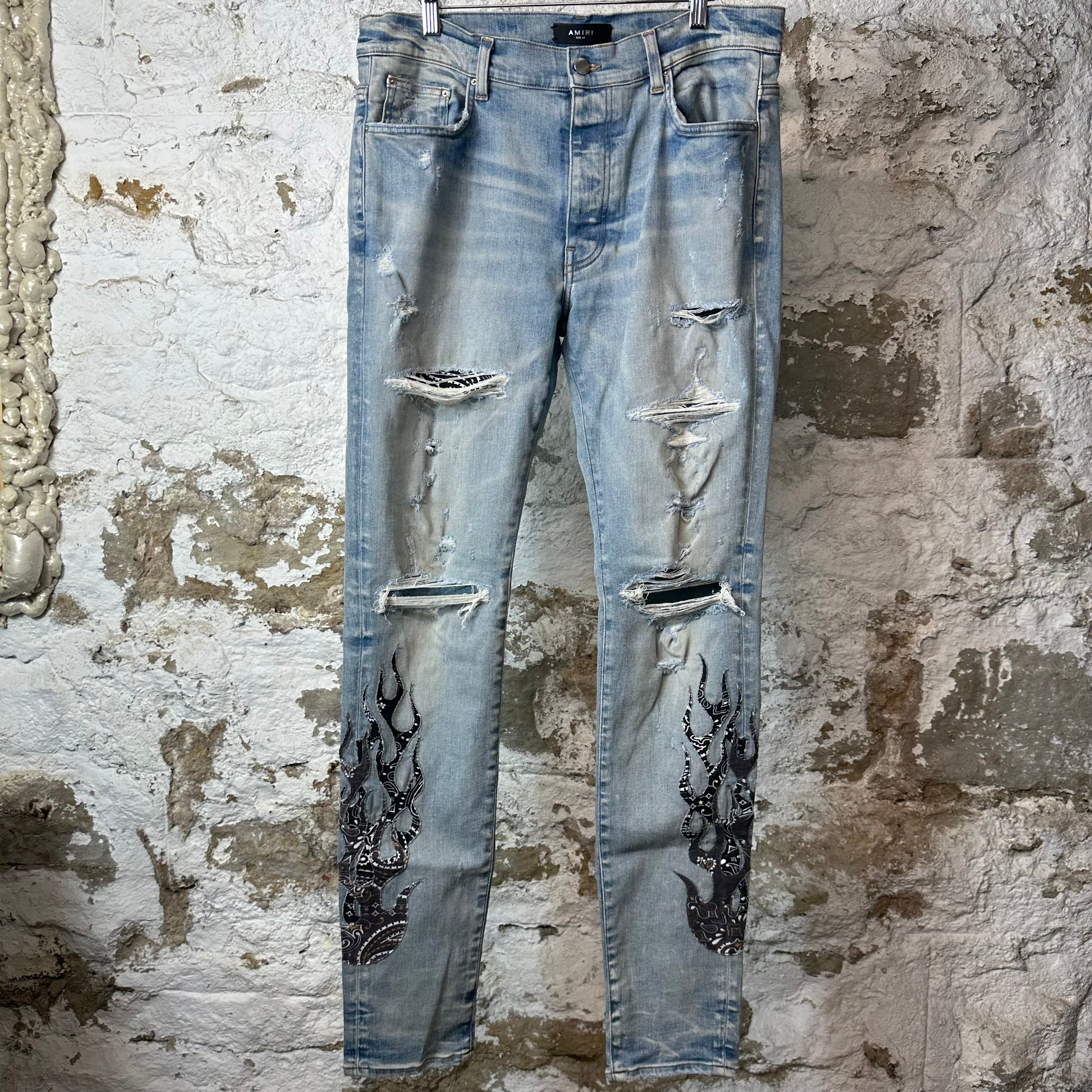 Amiri Black Brown Paisley Flame Blue Denim Jeans Sz 34