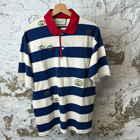 Gucci Blue White Striped Polo Shirt Sz M