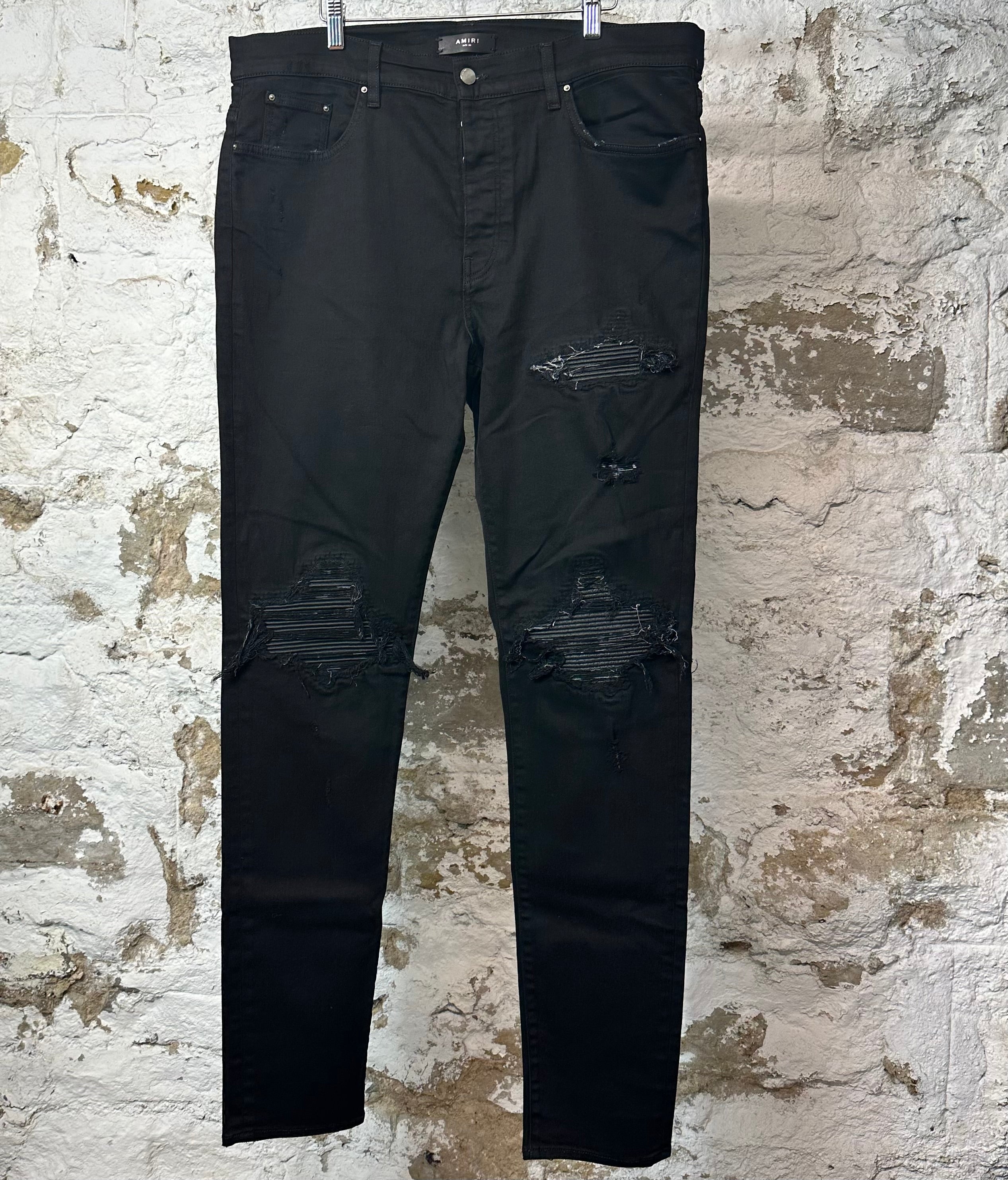 Amiri MX1 Black Leather Black Denim Jeans Sz 38