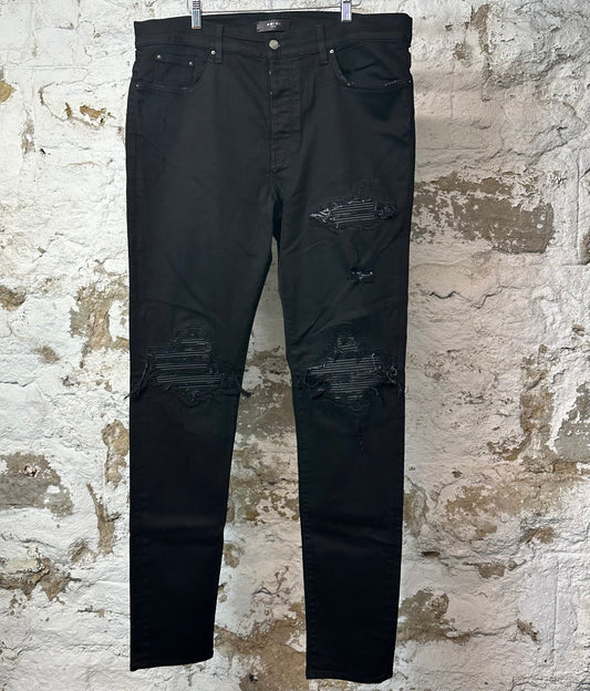 Amiri MX1 Black Leather Black Denim Jeans Sz 38