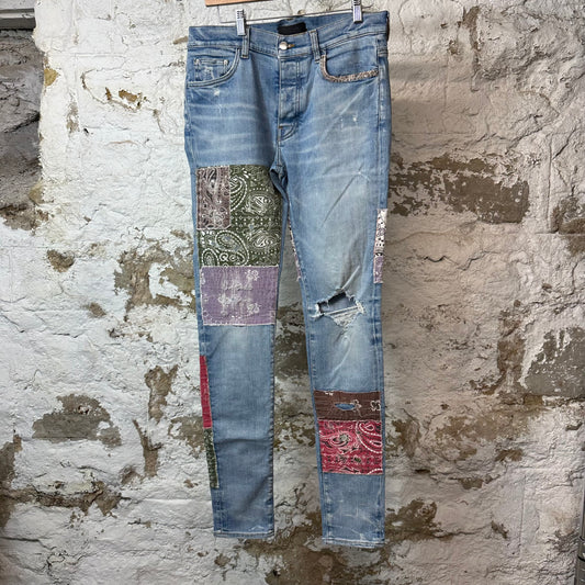 Amiri Multicolor Paisley Patches Blue Denim Jeans Sz 32