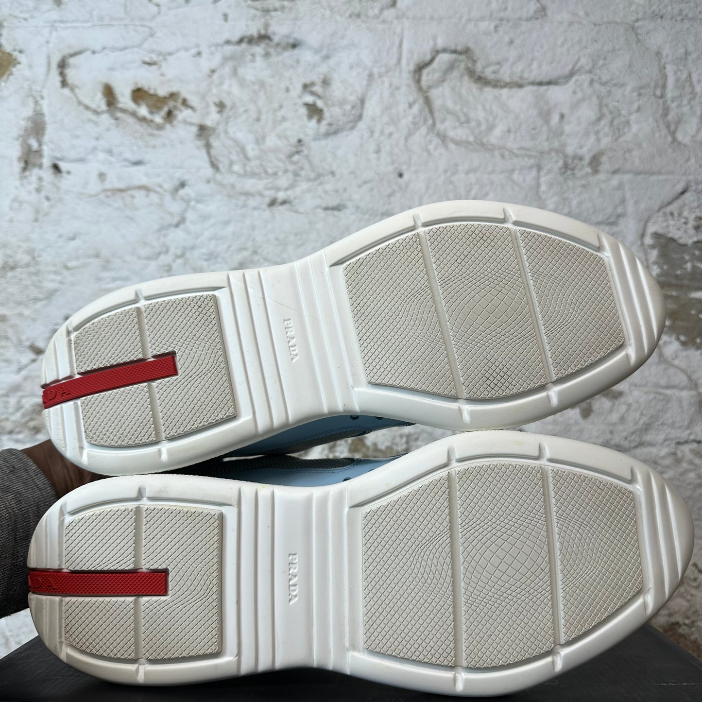 Prada Americas Cup Baby Blue Patent Grey White Sneaker Sz 14