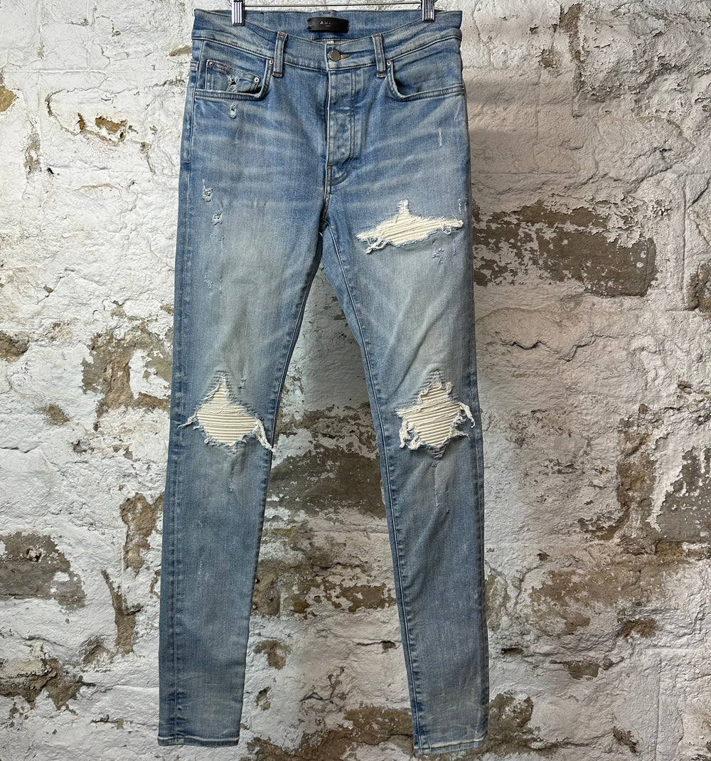 Amiri MX1 Cream Suede Blue Denim Jeans Sz 31