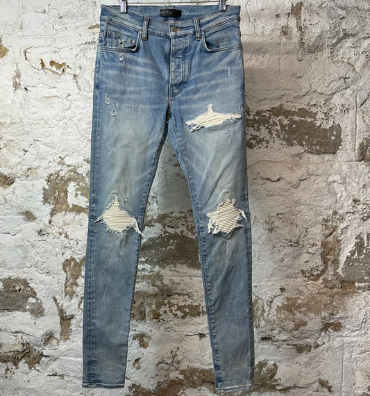 Amiri MX1 Cream Suede Blue Denim Jeans Sz 31