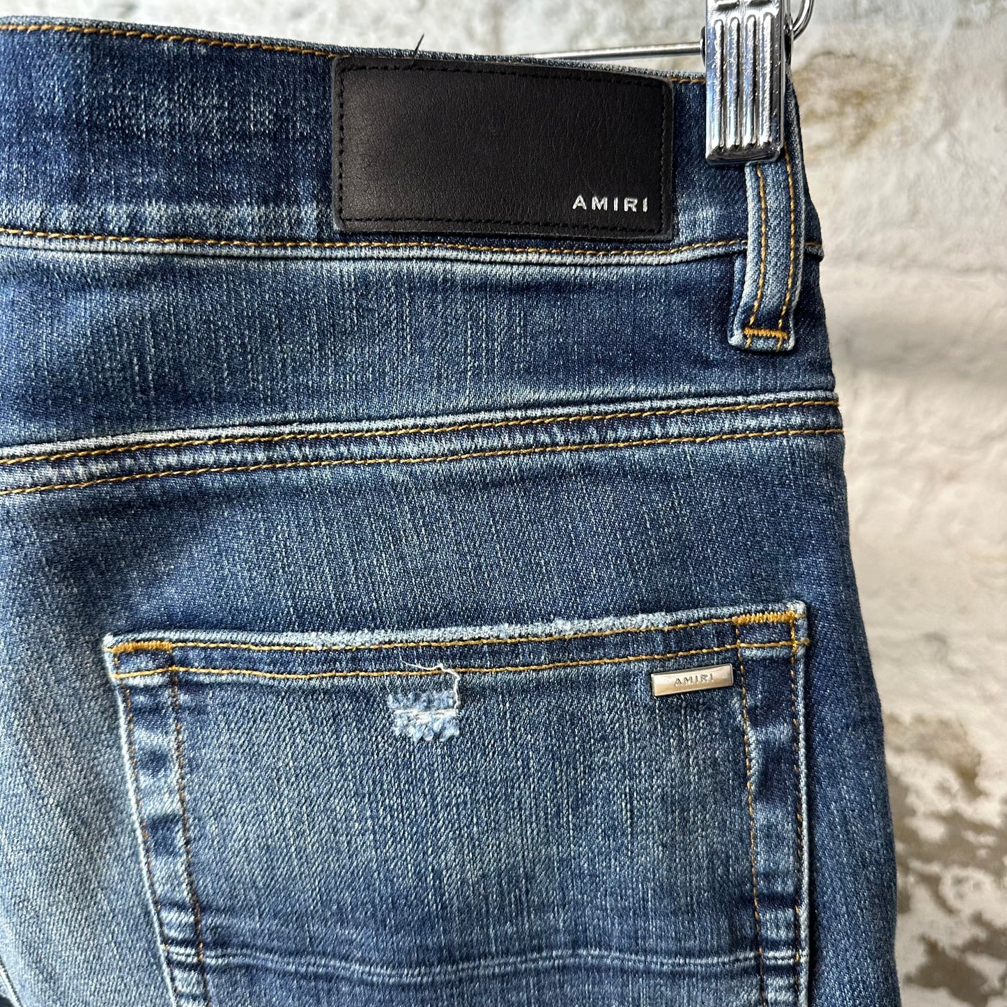 Amiri MX1 Orange Suede Dark Blue Denim Jeans Sz 32