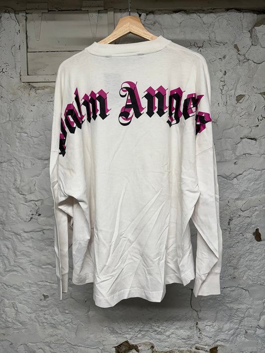 Palm Angels Black Pink Back Spellout White L/S T-Shirt Sz L
