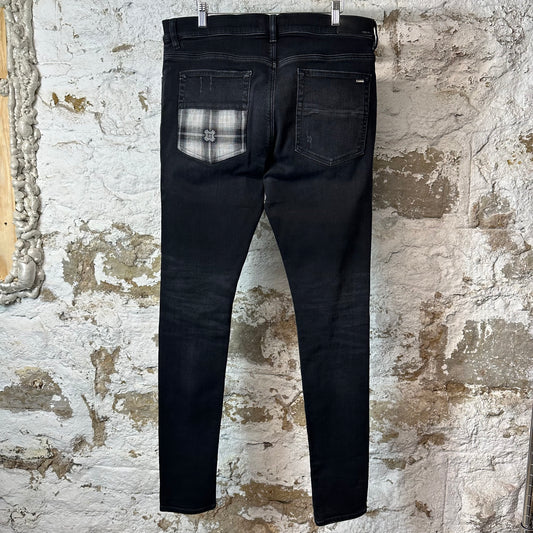 Amiri MX1 Grey Flannel Quad Logo Black Denim Jeans Sz 36